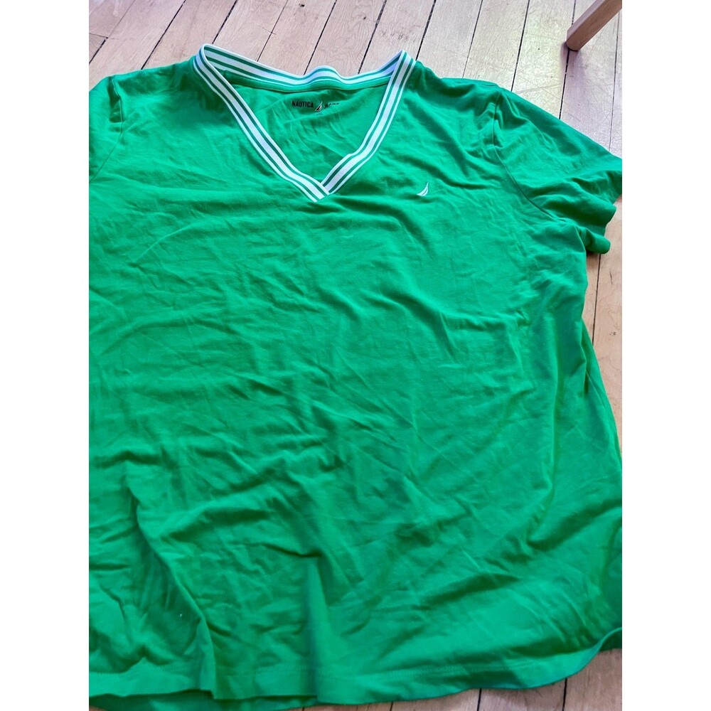 Nautica Womens V-Neck Short Sleeve T-Shirt Green Cotton Stretch Size XL